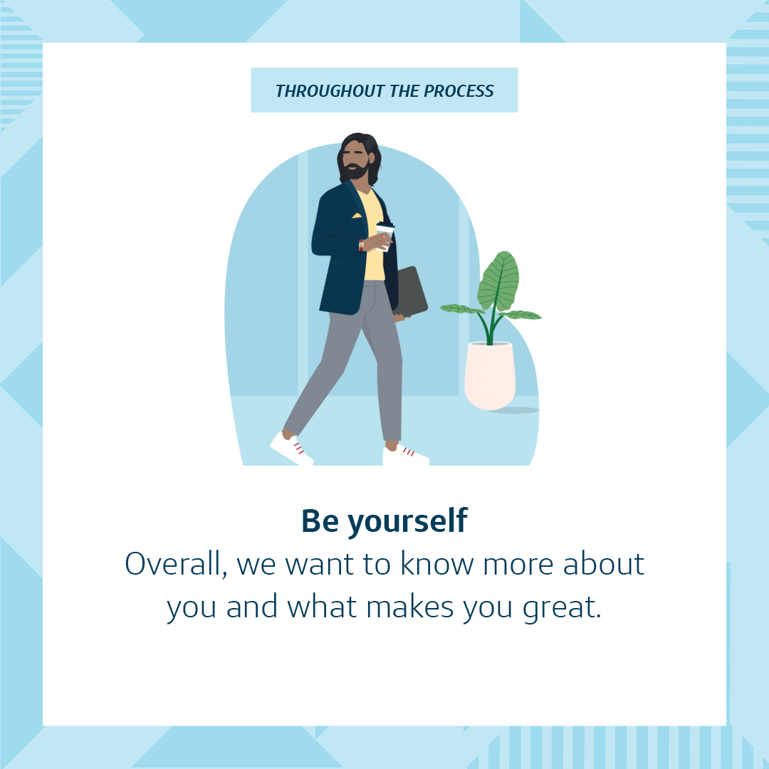 Capital One animated graphic with the words "THROUGHOUT THE PROCESS" at the top with a blue text box, and an animated picture of a man walking holding a coffee and his laptop and walking past a plant. The words below say, "Be yourself. Overall, we ant to know more about you and what makes you great." All with a two-tone blue triangular border